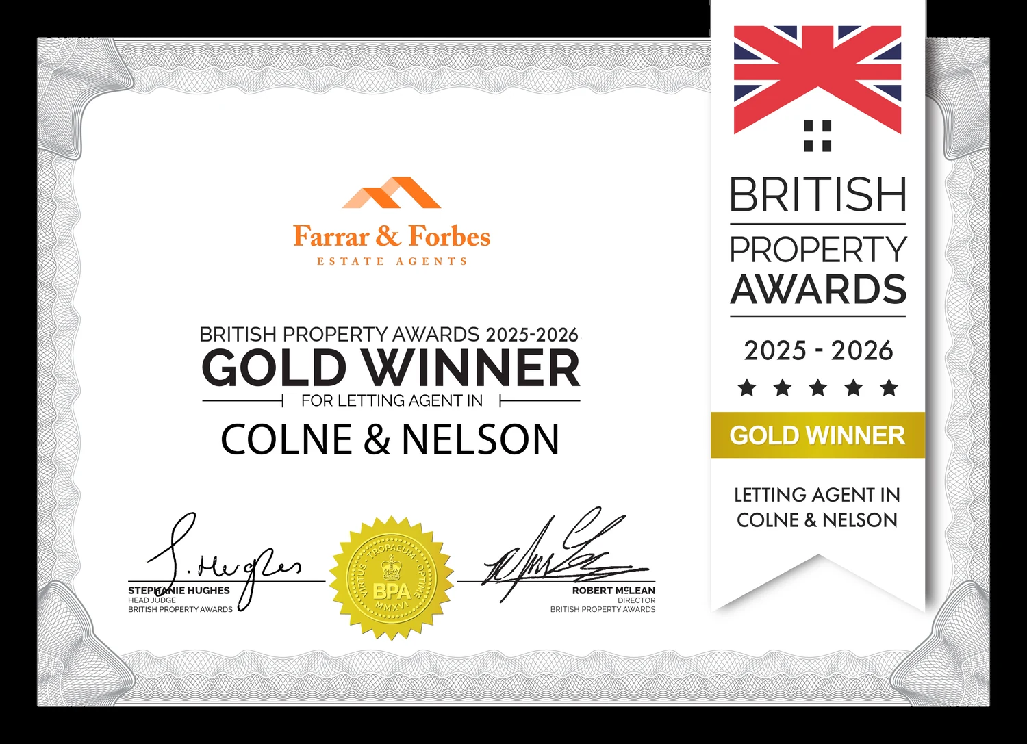 British Property Awards 2025–2026 certificate — Gold Winner: Letting Agency in Colne & Nelson, awarded to Farrar & Forbes Estate Agents